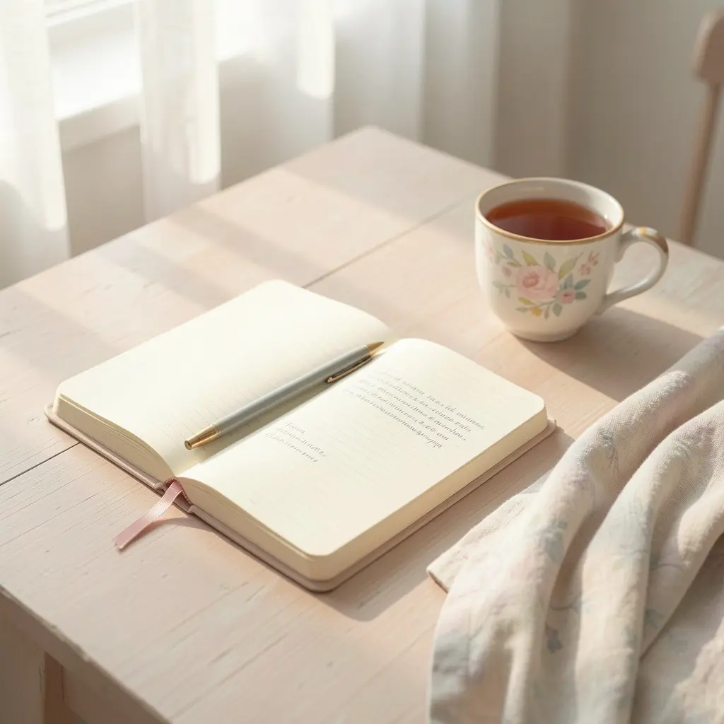 Calm morning setting with journal and tea representing stable daily habits