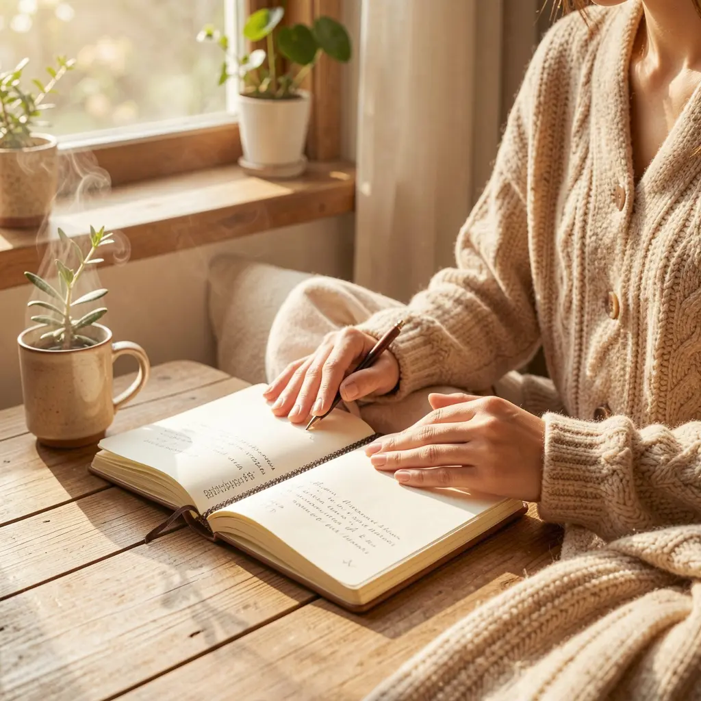 Person practising a calm morning routine with a journal and warm drink