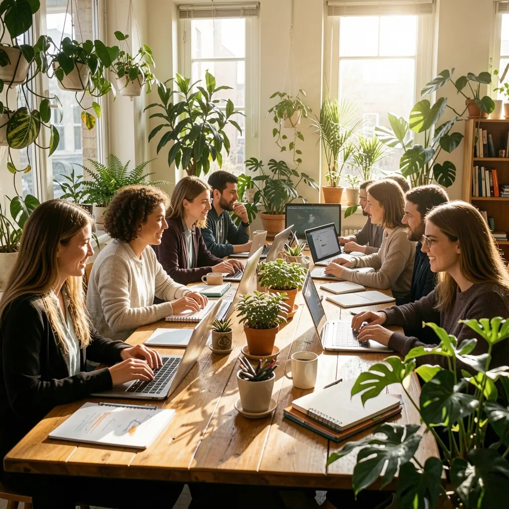 Team workspace with natural light and plants